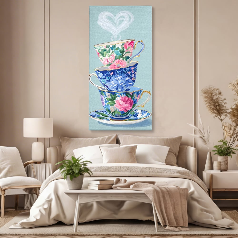 Tablou canvas cu pictura cu stiva de cesti de ceai, fara rama, pe sasiu de lemn, pe perete intr-un dormitor